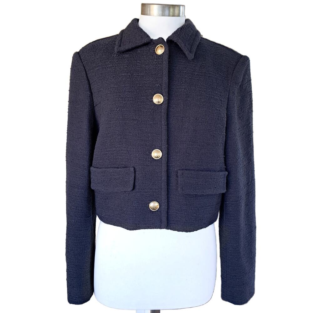 BABATON Frances Navy Tweed Cropped Jacket Button Front Blazer Medium Aritzia